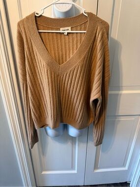 Open Edit Cozy Ribbed V-Neck Sweater in Camel..SO SOFT